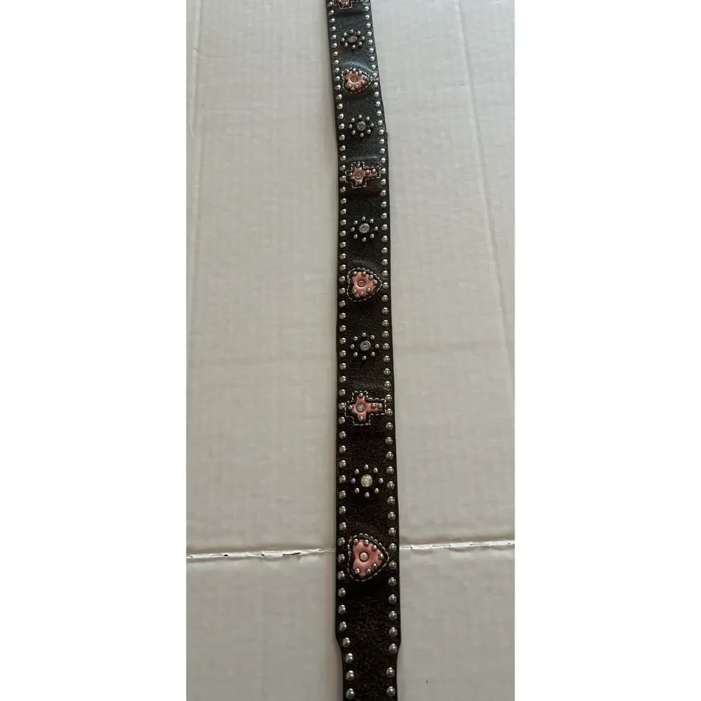 NOCONA Womens Western Belt Sz 28 Brown Leather‎ Studded Pink Heart Silver Buckle